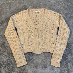 Happily Grey Tan Pointelle Cable Knit Cropped Cardigan Sweater Womens Small